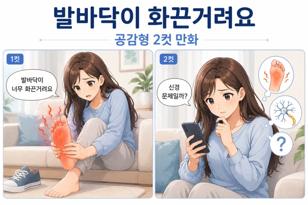 발바닥이 화끈거려 발을 잡고 불편해하는 여성이 스마트폰으로 신경 문제 가능성을 검색하는 공감형 2컷 만화