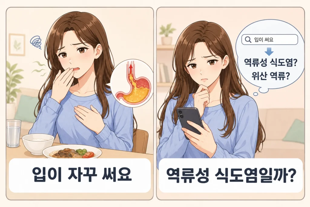 입안에서 쓴맛을 느낀 여성이 식사 후 불편해한 뒤 스마트폰으로 역류성 식도염과 위산 역류 가능성을 검색하는 공감형 2컷 만화