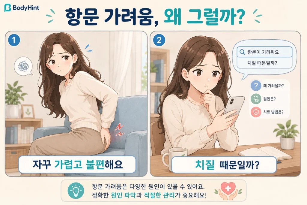 항문 가려움으로 불편해하는 여성이 증상을 느낀 뒤 스마트폰으로 치질 가능성과 원인을 검색하는 공감형 2컷 만화