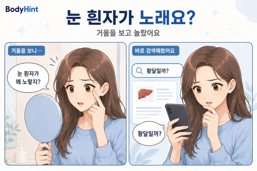 거울을 보며 눈 흰자가 노랗게 보여 놀란 여성이 스마트폰으로 황달 가능성을 검색하는 공감형 2컷 만화