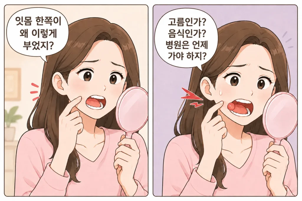 한쪽 잇몸이 부은 것을 거울로 확인하며 음식물이 낀 것인지 고름주머니인지, 병원에는 언제 가야 하는지 걱정하는 대표 여성 캐릭터의 공감형 2컷 만화