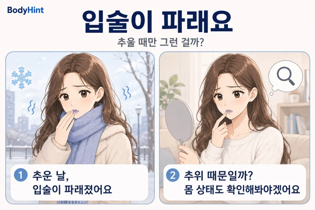 추운 날 입술이 파랗게 변한 여성이 거울로 입술 색을 확인하며 추위 때문인지 다른 원인이 있는지 걱정하는 공감형 2컷 만화