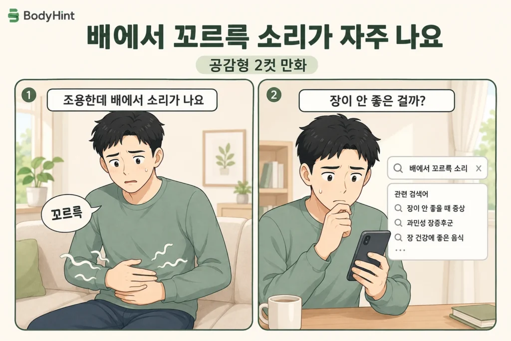 조용한 실내에서 배에서 꼬르륵 소리가 나 걱정하는 남성과 휴대전화로 장 건강 문제를 검색하는 모습을 보여주는 공감형 2컷 만화