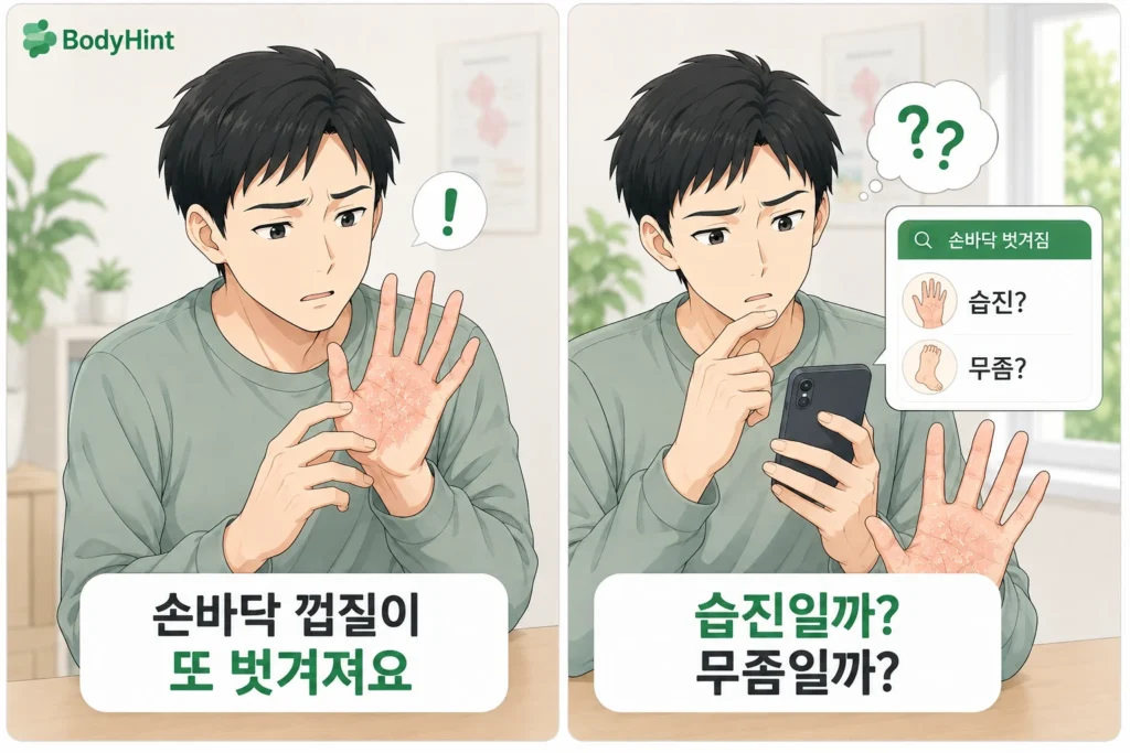 손바닥 껍질이 다시 벗겨진 것을 발견한 남성이 손을 살펴보고 휴대전화로 습진인지 무좀인지 검색하며 걱정하는 공감형 2컷 만화