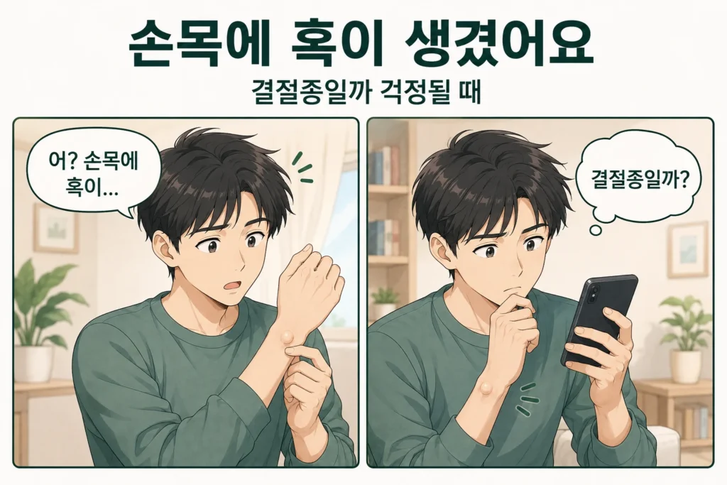 손목에 둥근 혹이 생긴 것을 발견한 일본 애니풍 남성 대표캐릭터가 손목을 살펴보고 휴대전화로 결절종인지 검색하며 걱정하는 공감형 2컷 만화