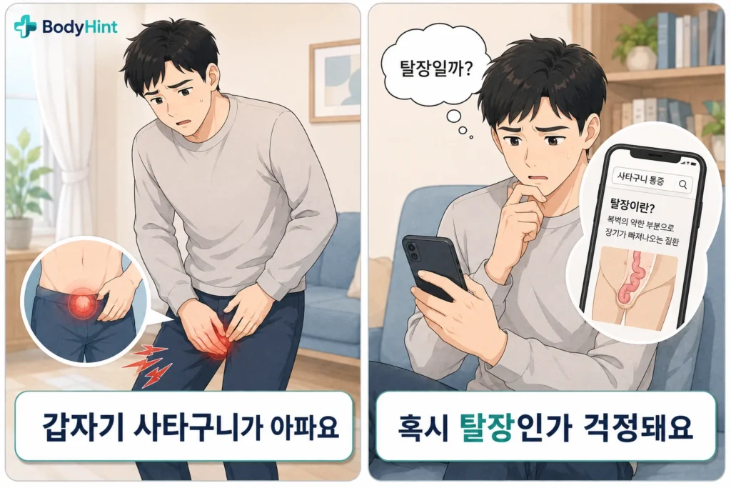 갑자기 사타구니 통증이 생긴 남성이 통증 부위를 살펴보고 휴대전화로 탈장 가능성을 검색하며 걱정하는 모습을 보여주는 일본 애니풍 공감형 2컷 만화