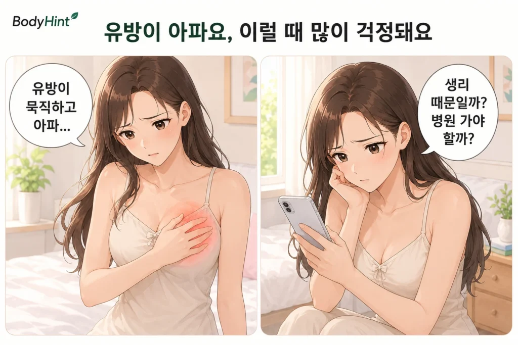 유방이 묵직하고 아파 걱정하는 일본풍 애니 여성 캐릭터와 스마트폰으로 생리 때문인지 병원 진료가 필요한지 검색하는 모습을 담은 2컷 만화