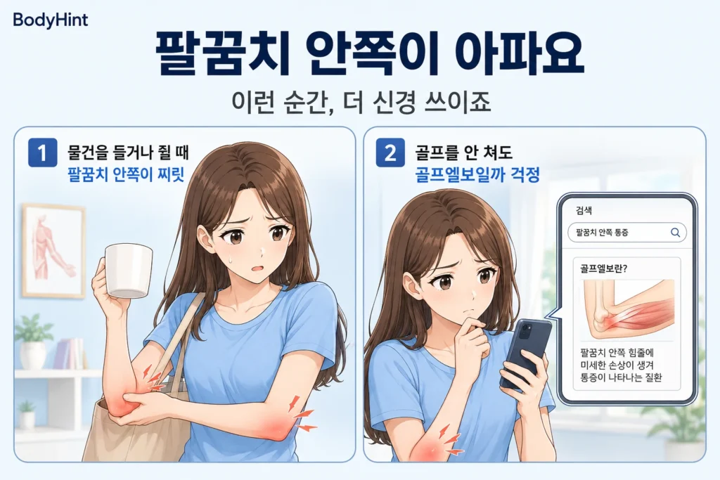 물건을 들거나 쥘 때 팔꿈치 안쪽이 찌릿해 걱정하는 일본풍 애니 여성 캐릭터와 스마트폰으로 골프엘보인지 검색하는 모습을 담은 공감형 2컷 만화