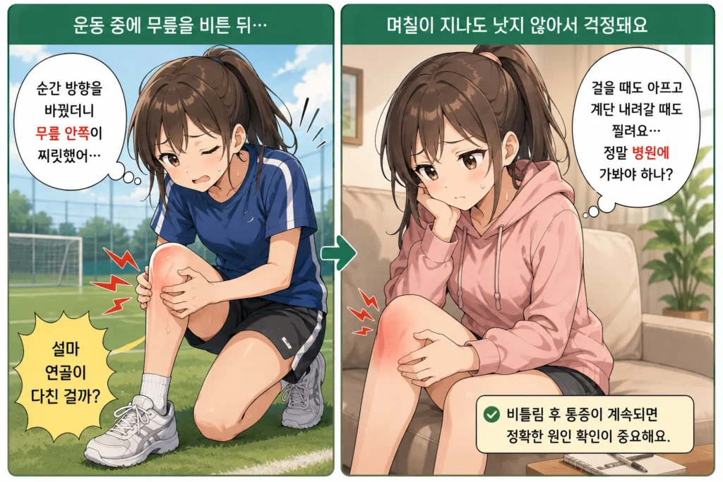 운동 중 무릎을 비튼 뒤 안쪽 통증이 생기고 며칠이 지나도 걸을 때와 계단에서 아파 걱정하는 일본풍 애니 여성 대표캐릭터를 담은 공감형 2컷 만화
