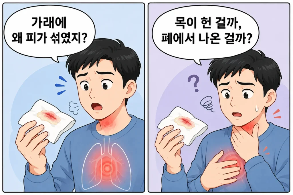 피가 섞인 가래를 발견한 대표 남성 캐릭터가 목이 헌 것인지 폐에서 나온 피인지 걱정하는 공감형 2컷 만화