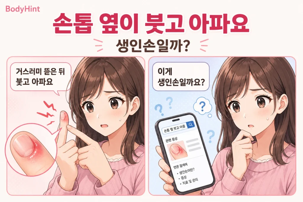 거스러미를 뜯은 뒤 손톱 옆이 붓고 아파 걱정하는 일본풍 애니 여성 캐릭터와 스마트폰으로 생인손인지 검색하는 모습을 담은 공감형 2컷 만화