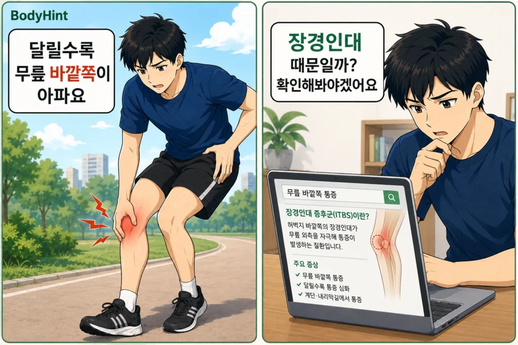 달릴수록 무릎 바깥쪽이 아파 걱정하는 일본풍 애니 남성 대표캐릭터와 장경인대증후군인지 검색하는 모습을 담은 공감형 2컷 만화