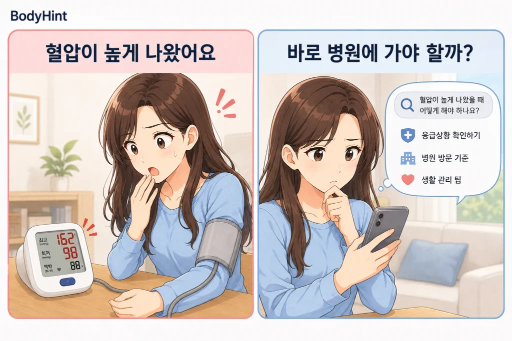 집에서 혈압을 측정한 뒤 높은 수치를 보고 놀란 일본풍 애니 여성 대표캐릭터와, 바로 병원에 가야 하는지 스마트폰으로 확인하는 모습을 담은 공감형 2컷 만화