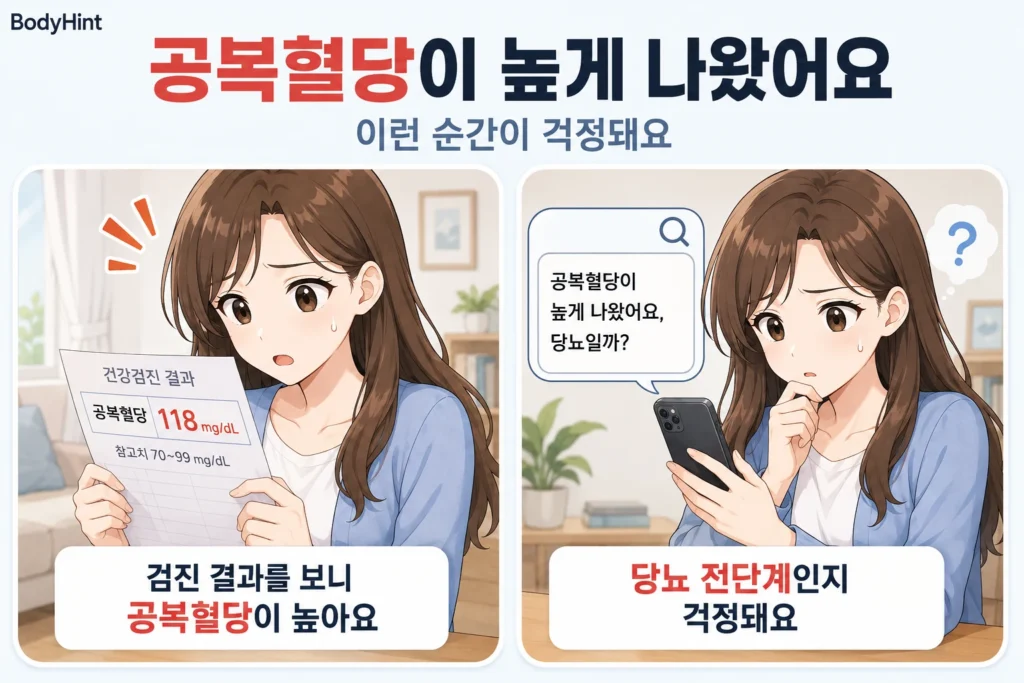 건강검진에서 공복혈당 118mg/dL 결과를 보고 놀란 일본풍 애니 여성 대표캐릭터와, 스마트폰으로 당뇨 전단계인지 검색하며 걱정하는 모습을 담은 공감형 2컷 만화