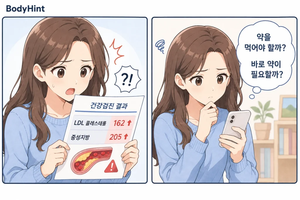 건강검진에서 LDL 콜레스테롤과 중성지방이 높게 나온 결과를 보고 놀란 일본풍 애니 여성 대표캐릭터와, 약을 먹어야 하는지 스마트폰으로 확인하며 걱정하는 모습을 담은 공감형 2컷 만화
