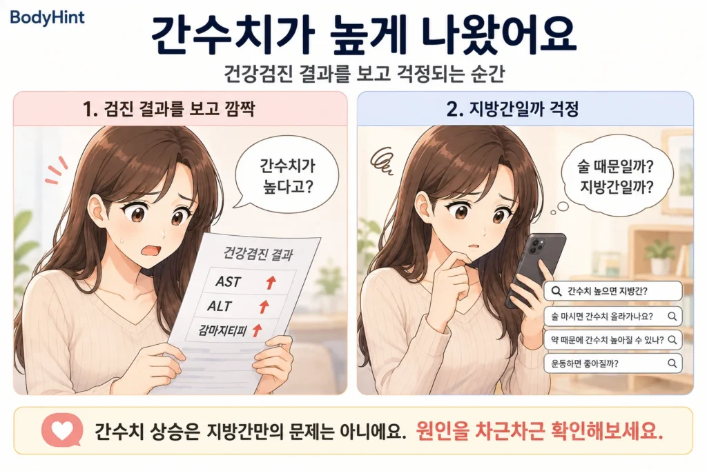 건강검진에서 AST·ALT·감마지티피 간수치가 높게 나온 결과를 보고 놀란 일본풍 애니 여성 대표캐릭터와, 지방간이나 음주 때문인지 스마트폰으로 검색하며 걱정하는 모습을 담은 공감형 2컷 만화