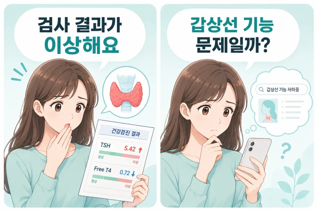 건강검진에서 갑상선자극호르몬은 높고 유리 티록신은 낮게 나온 결과를 보고 놀란 일본풍 애니 여성 대표캐릭터와, 갑상선 기능 문제인지 스마트폰으로 검색하며 걱정하는 모습을 담은 공감형 2컷 만화