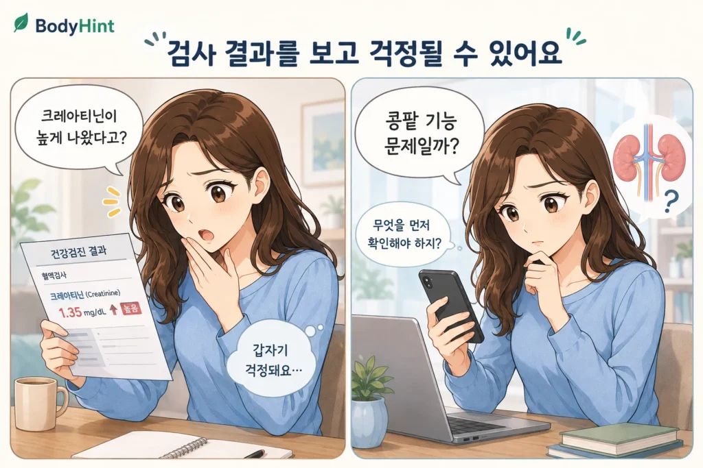 크레아티닌이 높게 나온 검사 결과를 보고 콩팥 기능 문제를 걱정하며 검색하는 모습을 담은 공감형 2컷 만화