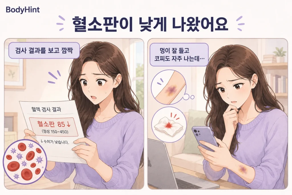 혈액검사에서 낮은 혈소판 수치를 확인한 뒤 멍과 코피가 자주 나는 증상을 검색하며 걱정하는 여성의 2컷 만화