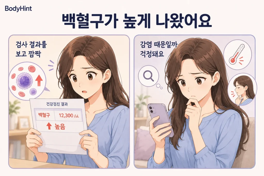 건강검진에서 백혈구 수치가 높게 나온 결과지를 확인한 뒤 감염 때문인지 걱정하며 휴대전화로 검색하는 여성의 공감형 2컷 만화