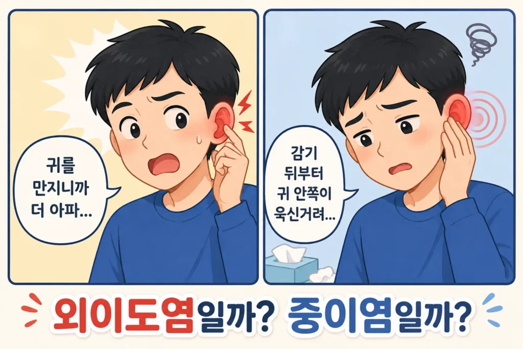귀를 만질 때 더 아픈 증상과 감기 뒤 귀 안쪽이 욱신거리는 증상을 대표 남성 캐릭터로 비교한 공감형 2컷 만화
