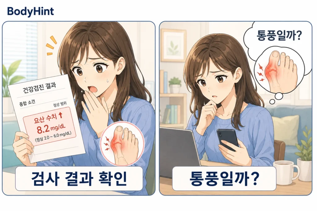건강검진에서 요산 수치가 높게 나온 결과지를 확인한 뒤 통풍일 수 있는지 걱정하며 붓고 아픈 엄지발가락을 떠올리는 여성의 공감형 2컷 만화