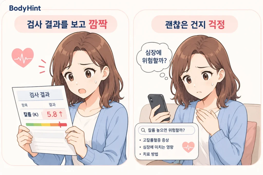 혈액검사에서 칼륨 수치가 높게 나온 결과지를 확인한 뒤 심장에 위험한지 걱정하며 휴대전화로 검색하는 여성의 공감형 2컷 만화