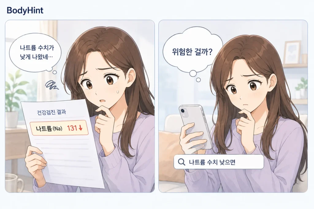 건강검진에서 나트륨 수치가 낮게 나온 결과지를 확인한 뒤 위험한 상태인지 걱정하며 휴대전화로 검색하는 여성의 공감형 2컷 만화