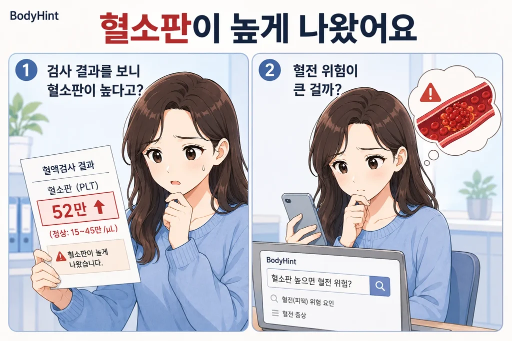 혈액검사에서 혈소판 수치가 높게 나온 결과지를 확인한 뒤 혈전 위험이 큰지 걱정하며 검색하는 여성의 공감형 2컷 만화