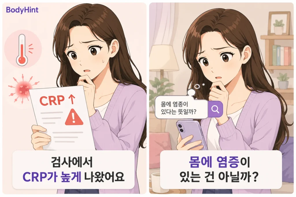 혈액검사에서 CRP 수치가 높게 나온 결과지를 확인한 뒤 몸에 염증이 있는 것인지 걱정하며 휴대전화로 검색하는 여성의 공감형 2컷 만화