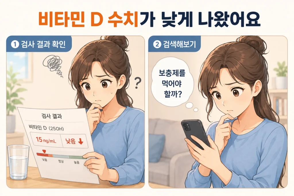 비타민 D 수치가 낮게 나온 검사 결과를 확인한 뒤 보충제를 먹어야 하는지 걱정하며 휴대전화로 검색하는 여성의 공감형 2컷 만화