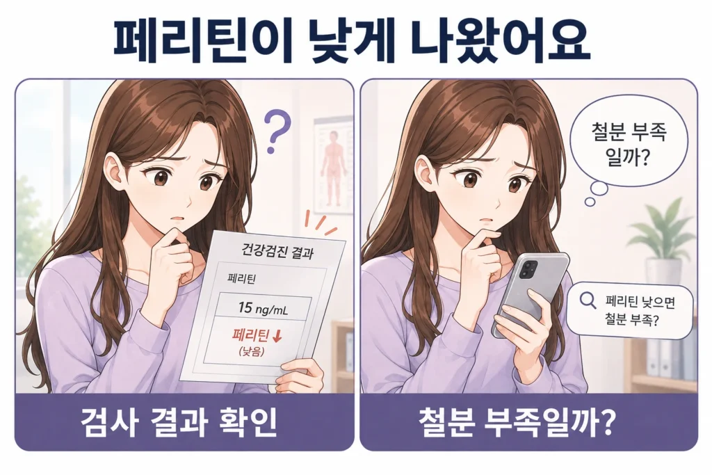 건강검진에서 페리틴 수치가 낮게 나온 결과를 확인한 뒤 철분 부족인지 걱정하며 휴대전화로 검색하는 여성의 공감형 2컷 만화