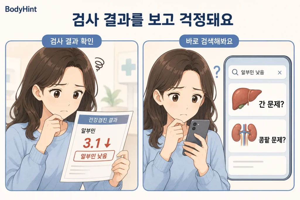 혈액검사에서 알부민 수치가 낮게 나온 결과를 확인한 뒤 간이나 콩팥 문제인지 걱정하며 휴대전화로 검색하는 여성의 공감형 2컷 만화