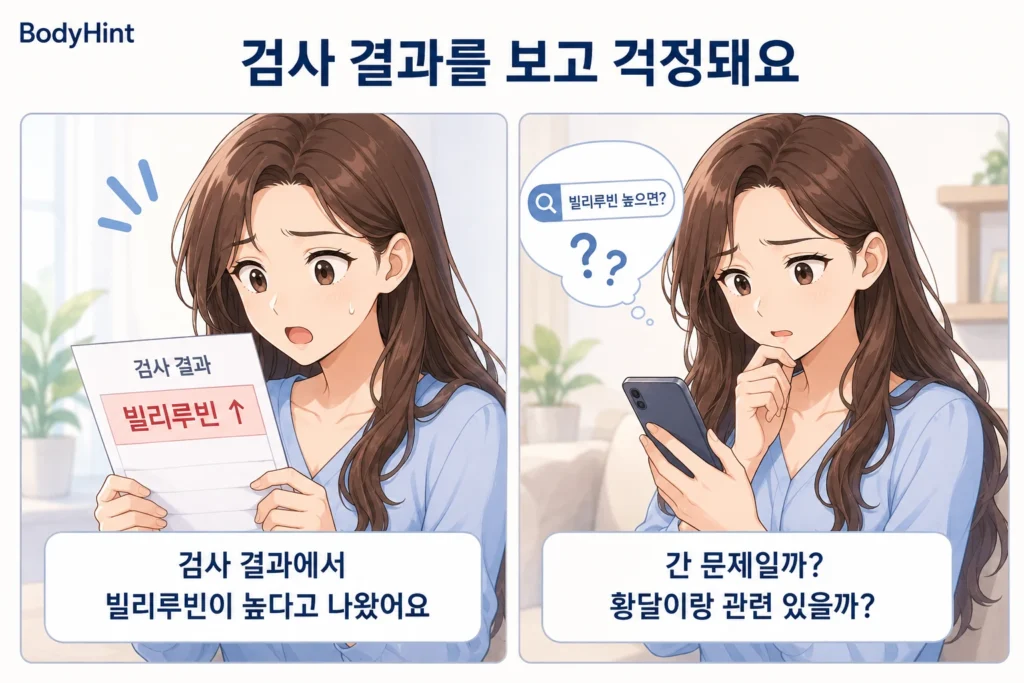 혈액검사에서 빌리루빈 수치가 높게 나온 결과지를 확인한 뒤 간 문제나 황달과 관련 있는지 걱정하며 휴대전화로 검색하는 여성의 공감형 2컷 만화