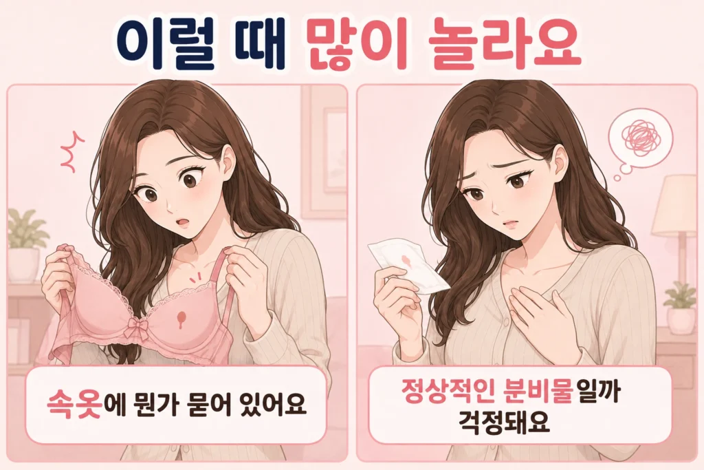 속옷에 묻은 분비물을 발견한 뒤 정상적인 유두 분비물인지 걱정하는 여성을 표현한 공감형 2컷 이미지