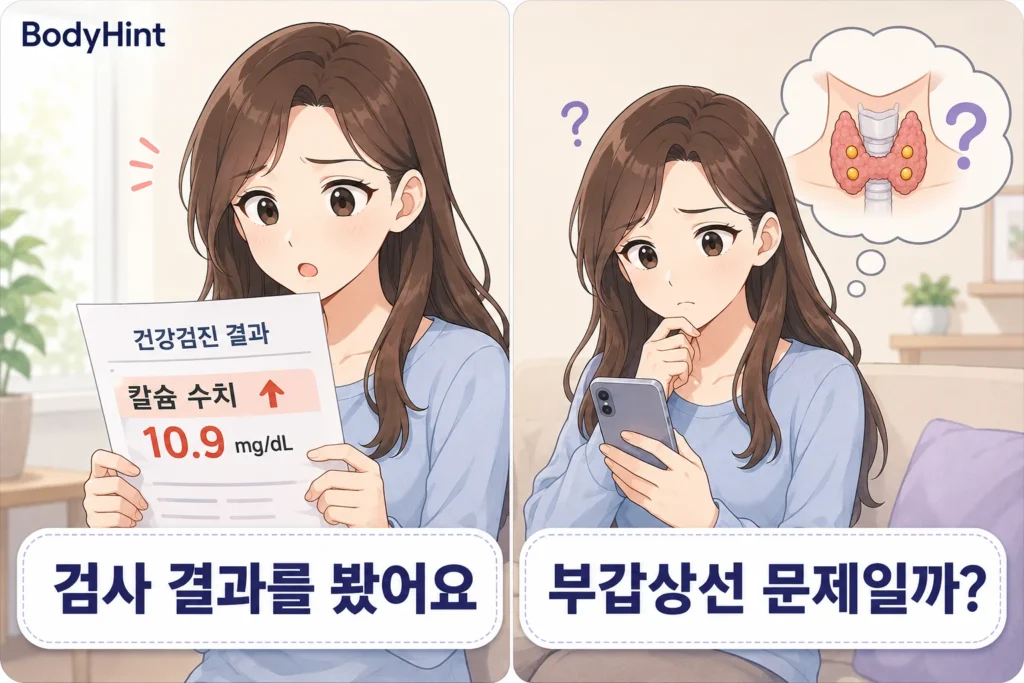 혈액검사에서 칼슘 수치가 높게 나온 결과지를 확인한 뒤 부갑상선 문제인지 걱정하며 휴대전화로 검색하는 여성의 공감형 2컷 만화