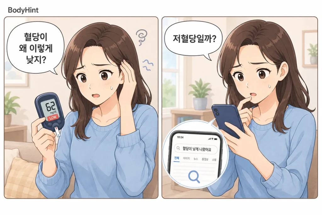 혈당이 62mg/dL로 낮게 나온 것을 확인하고 저혈당인지 걱정하며 스마트폰으로 검색하는 여성의 2컷 만화