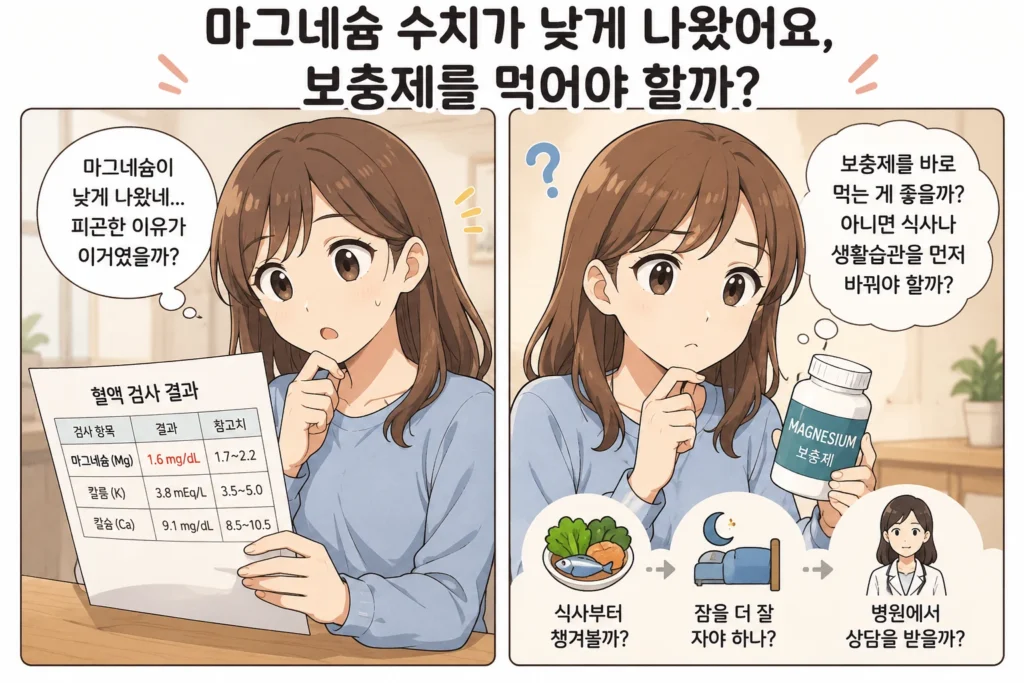 혈액검사에서 마그네슘 수치가 낮게 나온 것을 확인하고 보충제를 바로 먹어야 할지 고민하는 여성의 2컷 만화