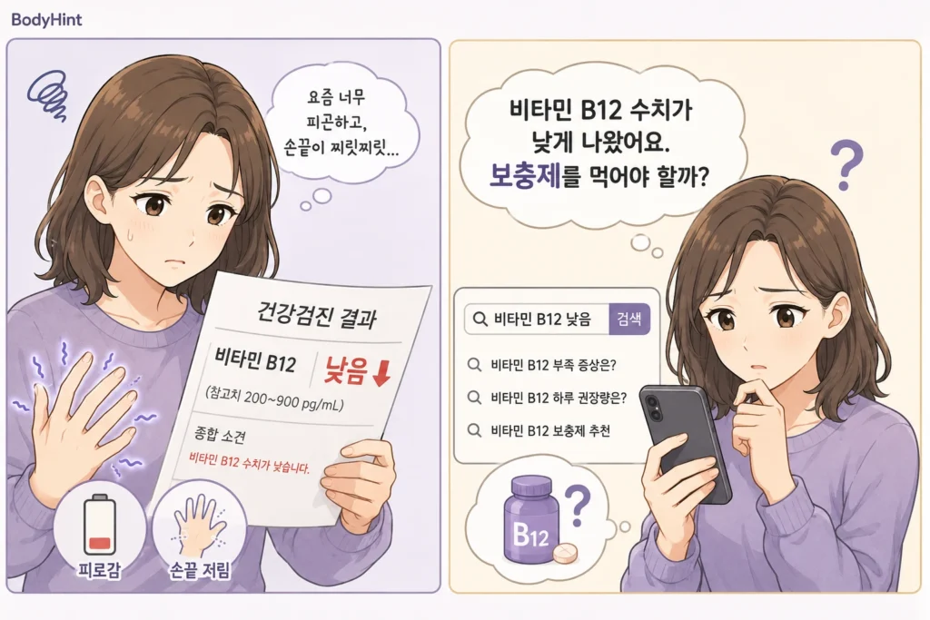 비타민 B12 수치가 낮게 나온 검사 결과를 확인하며 피로와 손끝 저림을 느끼고 보충제가 필요한지 스마트폰으로 검색하는 여성의 2컷 만화