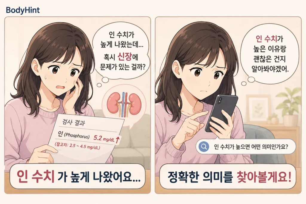 인 수치가 높게 나온 검사 결과를 확인하며 콩팥 문제인지 걱정하고 스마트폰으로 인 수치의 의미를 검색하는 여성의 2컷 만화