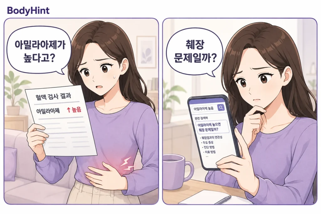 아밀라아제 수치가 높게 나온 검사 결과를 확인하고 췌장 문제인지 걱정하며 스마트폰으로 검색하는 여성의 2컷 만화
