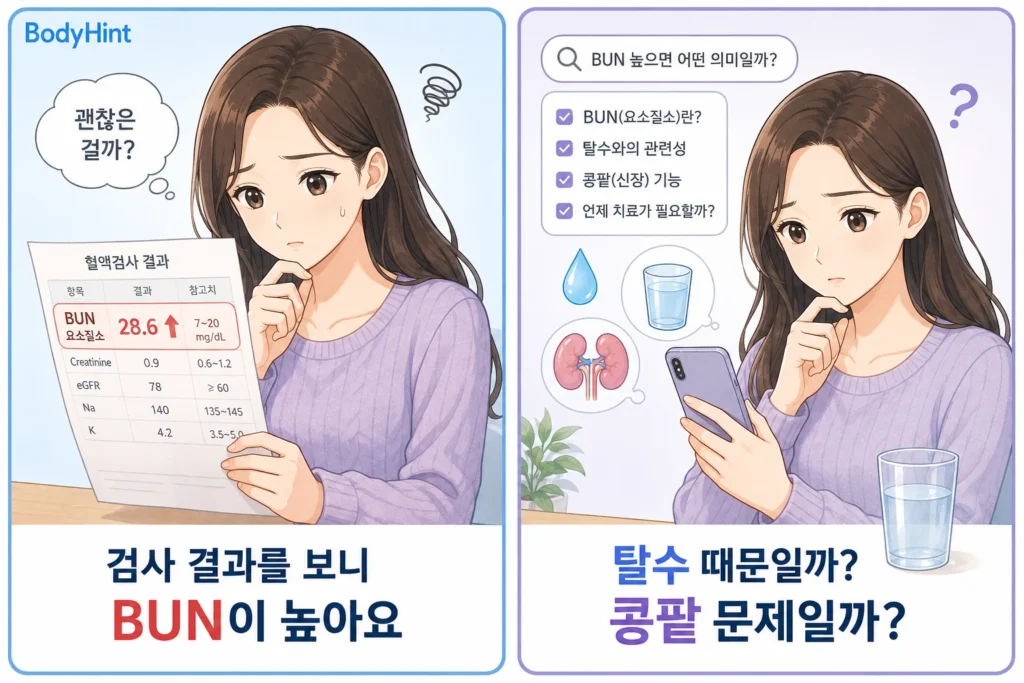 요소질소(BUN) 수치가 높게 나온 검사 결과를 확인하고 탈수 때문인지 콩팥 문제인지 걱정하며 스마트폰으로 검색하는 여성의 2컷 만화