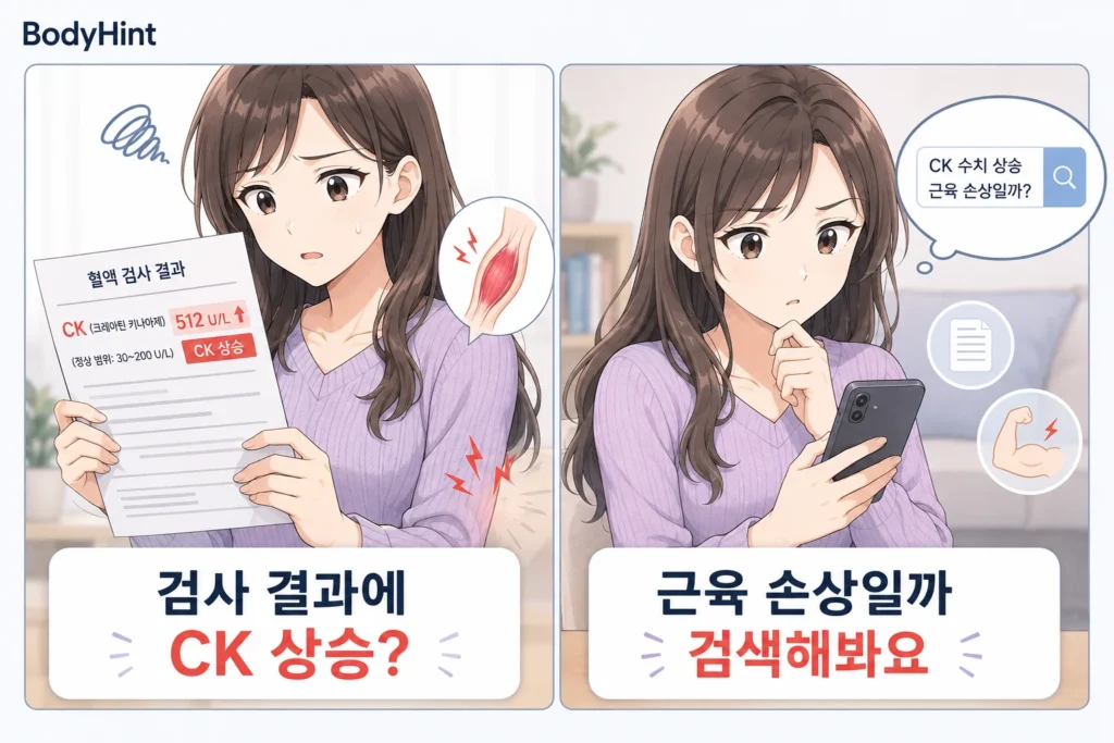 CK 수치가 높게 나온 검사 결과를 확인하고 근육 손상인지 걱정하며 스마트폰으로 검색하는 여성의 2컷 만화