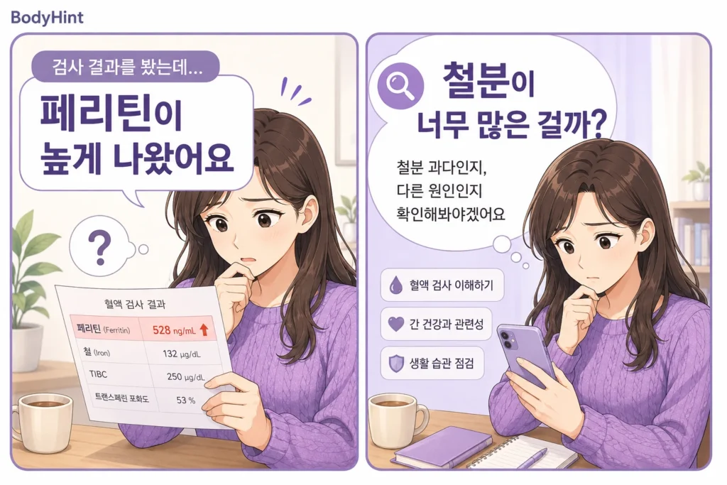 페리틴 수치가 높게 나온 검사 결과를 확인하고 철분이 너무 많은 상태인지 다른 원인이 있는지 걱정하며 스마트폰으로 검색하는 여성의 2컷 만화