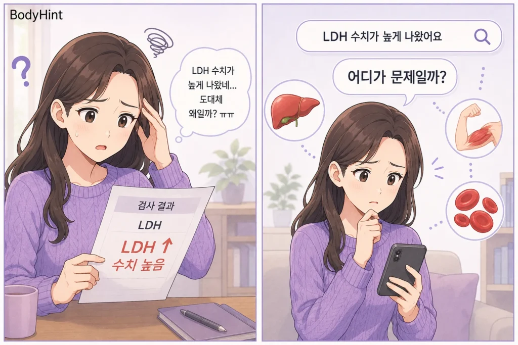 LDH 수치가 높게 나온 검사 결과를 확인하고 간·근육·혈액 등 어디에 문제가 있는지 걱정하며 스마트폰으로 검색하는 여성의 2컷 만화