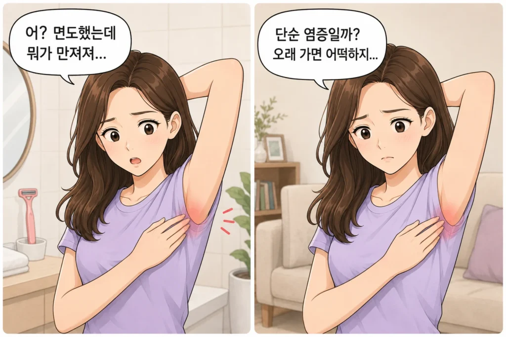 면도 뒤 겨드랑이에서 만져진 멍울 때문에 놀란 여성과, 단순 염증인지 오래 가면 어떡할지 걱정하는 여성의 공감형 2컷 만화