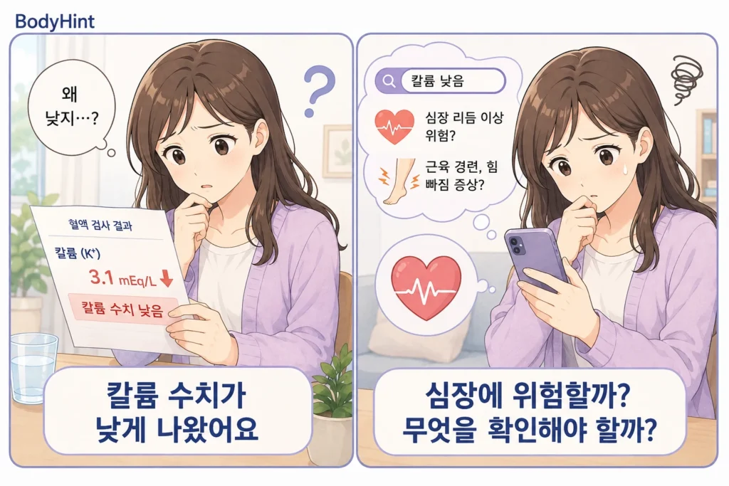 칼륨 수치가 낮게 나온 검사 결과를 확인하고 심장에 위험한지, 근육경련·힘 빠짐과 관련이 있는지 걱정하며 스마트폰으로 검색하는 여성의 2컷 만화