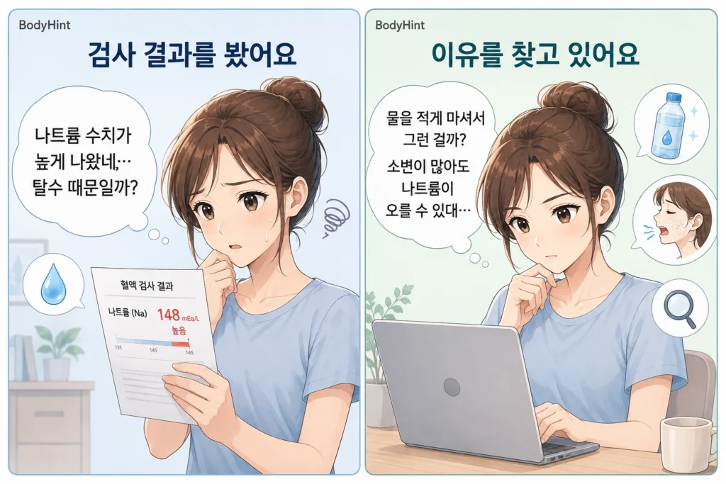 나트륨 수치가 높게 나온 검사 결과를 확인하고 탈수 때문인지, 물을 적게 마신 영향인지 걱정하며 원인을 찾아보는 여성의 2컷 만화