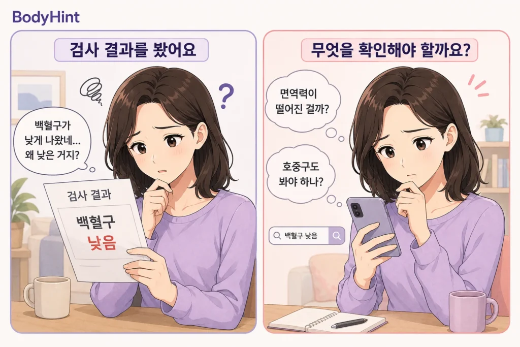 백혈구 수치가 낮게 나온 검사 결과를 확인하고 면역력이 떨어진 것인지, 호중구도 함께 확인해야 하는지 걱정하며 검색하는 여성의 공감형 2컷 만화