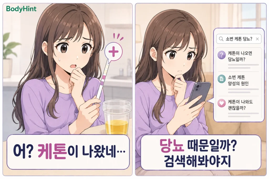 소변검사에서 케톤이 나온 것을 보고 놀란 뒤 휴대폰으로 당뇨와 관련이 있는지 검색하는 여성의 공감형 2컷 만화